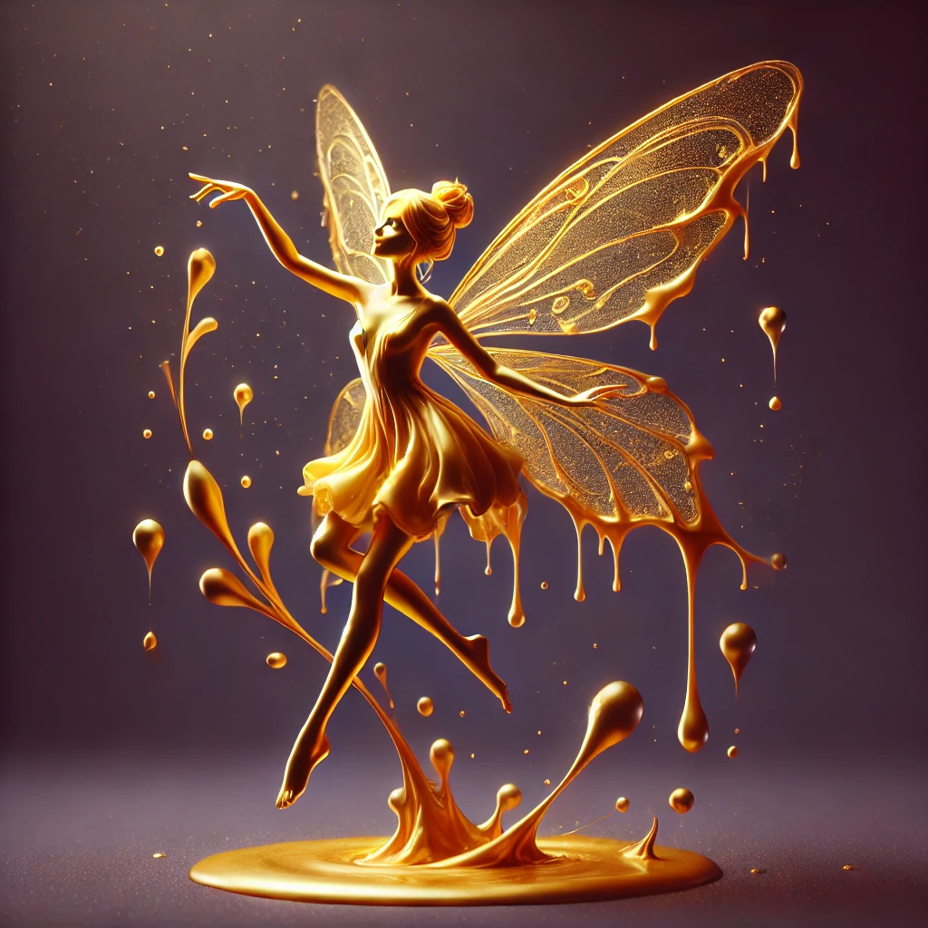 DALL·E 2025-12-05 16.15.12 - A single wax sculpture of a fairy floating in mid-air, as if suspended in time. The fairy is delicately formed from golden wax, with wings slightly sp
