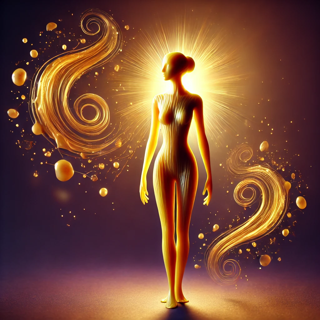 DALL·E 2025-12-05 20.57.29 - A glowing golden female human figure made entirely of beeswax, standing gracefully with soft curves and natural proportions. The body has smooth, scul