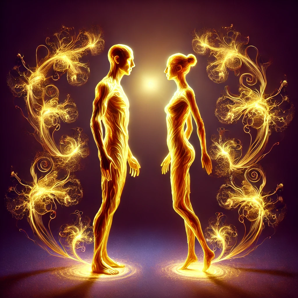 DALL·E 2025-12-05 21.44.53 - Two glowing golden human figures made of beeswax, one male and one female, standing face to face in a graceful and calm pose. Their bodies are smooth