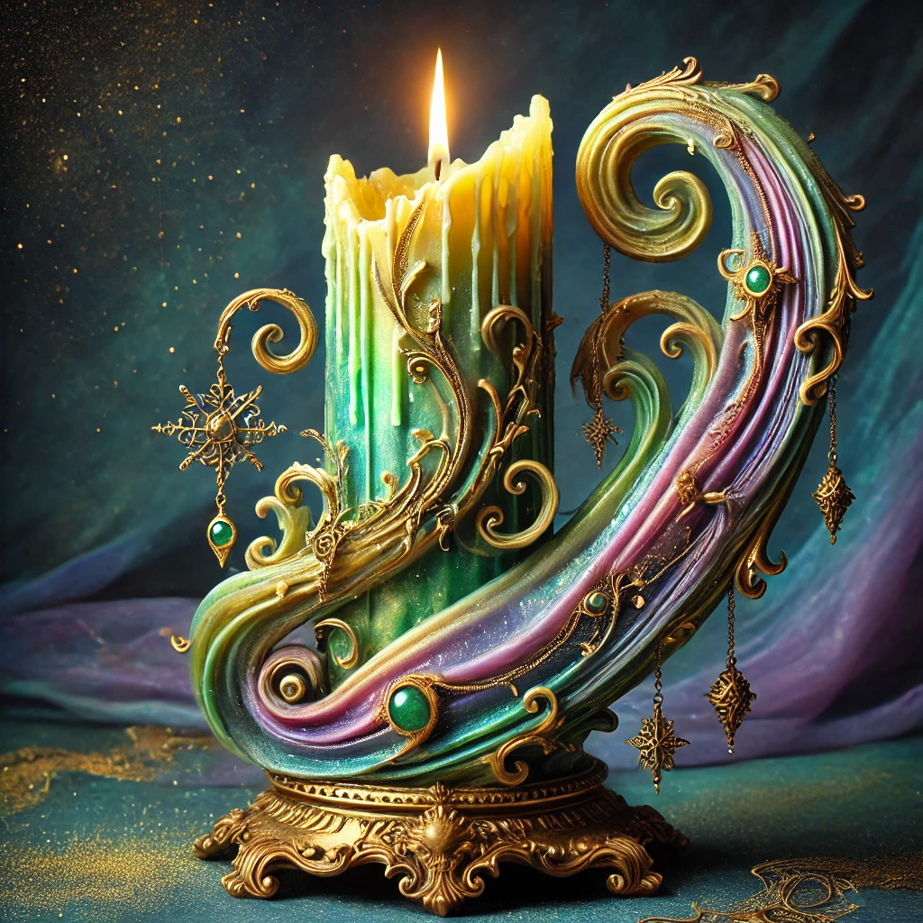 DALL·E 2025-12-06 23.55.52 - A magical, figurative handcrafted candle made of shimmering wax with a color gradient flowing from gold to emerald green and violet. The candle is scu